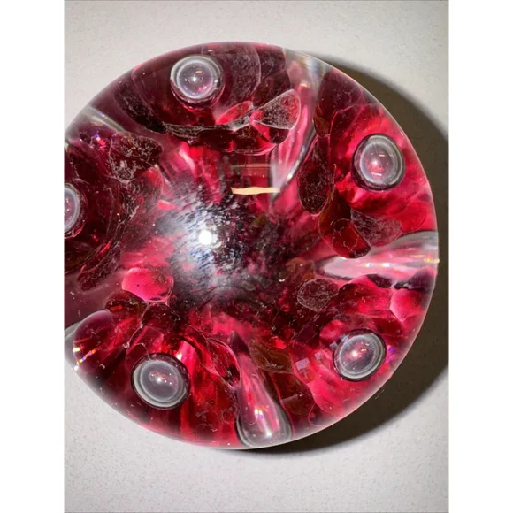 Vintage 2003 Joe Rice Glass Paperweight,Cranberry Pink Trumpet Flowers & Bubbles - Picture 5 of 7